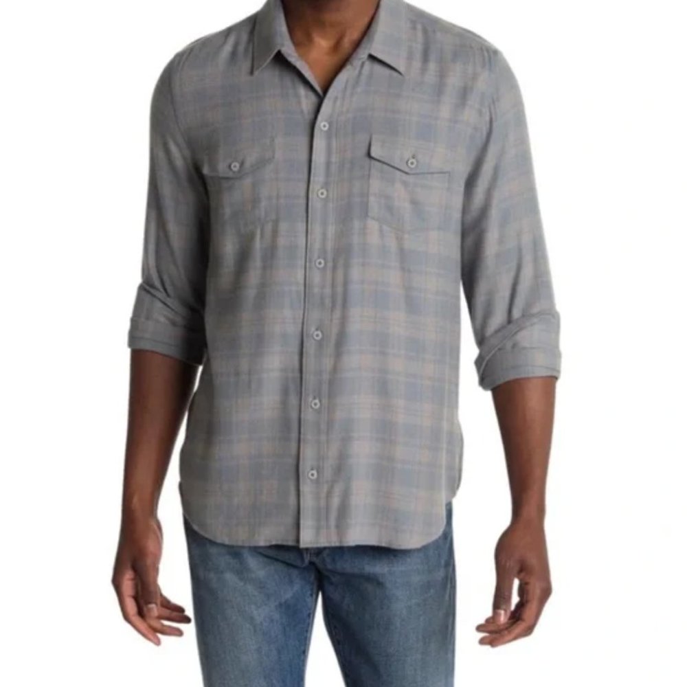 New! Paige Everett Flannel Grey Plaid Men’s Slim Buttoned Down Shirt